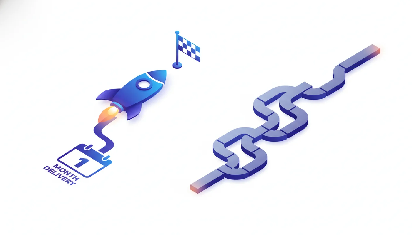 A pilot reaching the finish line in 1 month versus the slow, traditional 9-to-12-month road